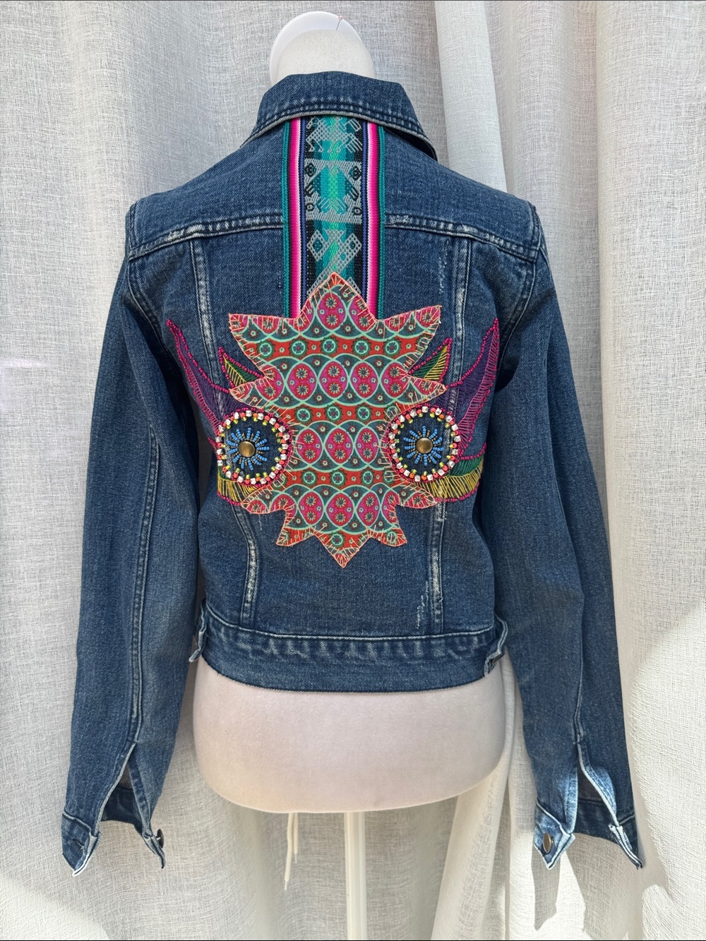 VV Mercado design blue denim jacket intricate beaded embroidery on back